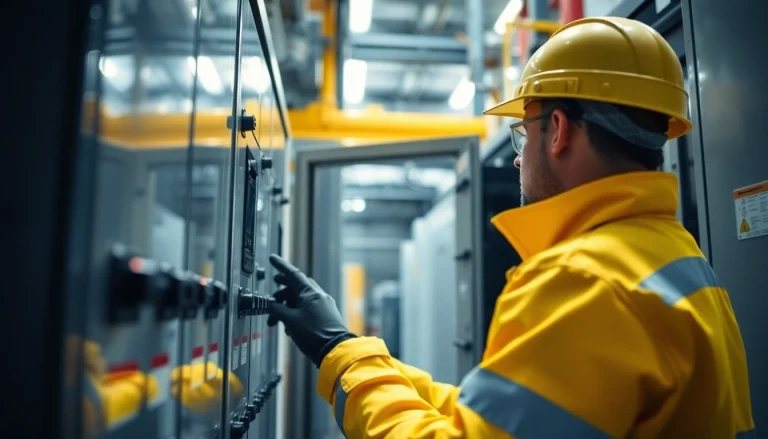 Technician conducting a DGUV V3 Prüfung on electrical equipment, ensuring workplace safety and compliance.