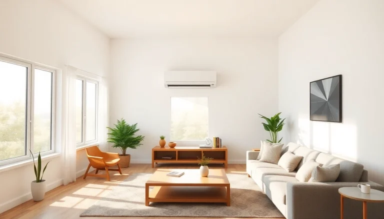 Klimaanlagen installieren lassen in einem modernen Wohnzimmer mit hellem Licht und stilvollem Design.