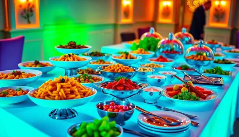 Exquisite buffet catering with a wide selection of gourmet dishes elegantly arranged on a table.