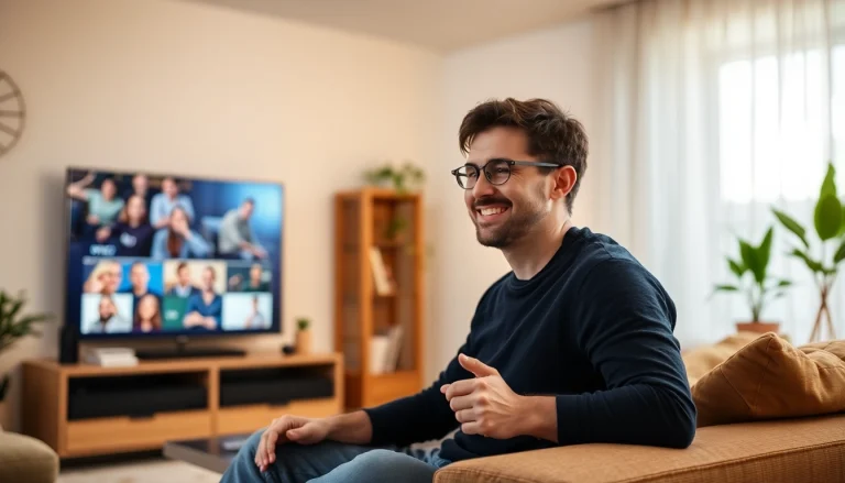 Erleben Sie IPTV-Smarters-Player.net in Aktion: Benutzer genießt Streaming auf einem Smart-TV in einem modernen Wohnzimmer.