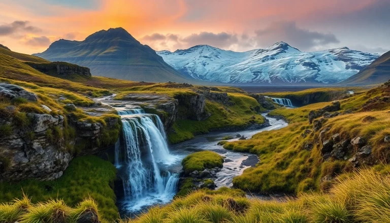 Entdecke die faszinierende Schönheit einer Reise nach Island mit diesem beeindruckenden Wasserfall inmitten atemberaubender Gletscherlandschaften.