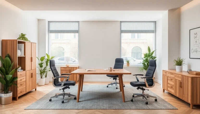 Elegantes Bürointerieur mit stilvollen Büromöbeln: Schreibtisch, ergonomische Stühle und Regale in einer einladenden Atmosphäre.