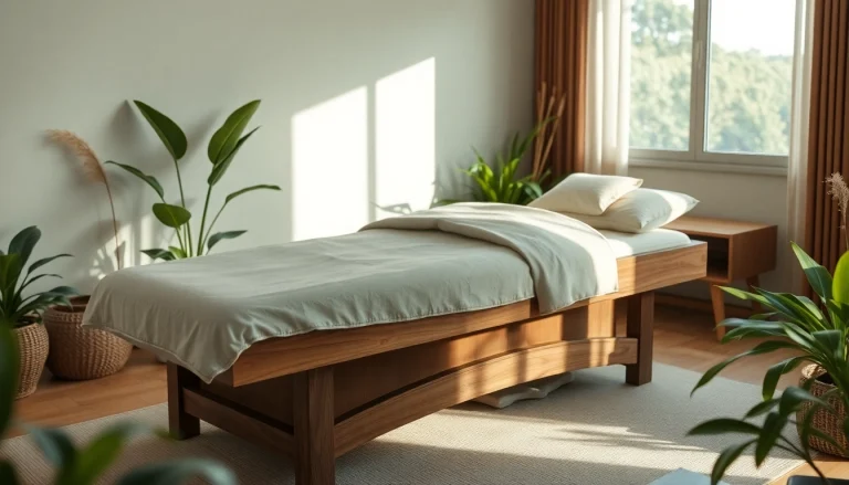 Die wellness massageliege vermittelt Entspannung und Komfort und harmoniert perfekt mit der ruhigen Umgebung.