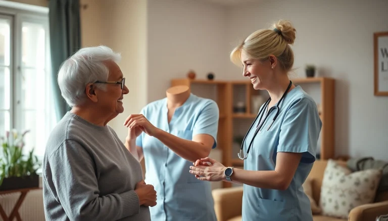 Pflegedienstmitarbeiter helfen einem älteren Menschen bei Alltagstätigkeiten in einem einladenden Wohnraum.