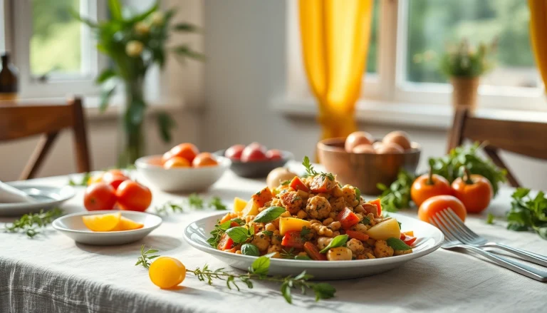 Entdecken Sie die kulinarischen Köstlichkeiten von https://sommerkocht.ch mit einem kunstvoll angerichteten mediterranen Gericht auf einem eleganten Esstisch.