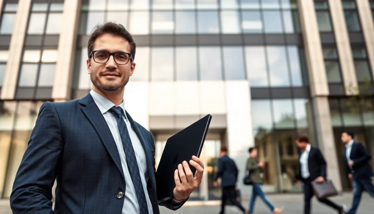 Headhunter Finance präsentiert sich vor einem modernen Bürogebäude mit einem Laptop in der Hand.