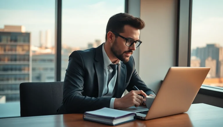 Headhunter bei der Arbeit in einem modernen Büro, konzentriert am Laptop, städtische Aussicht.