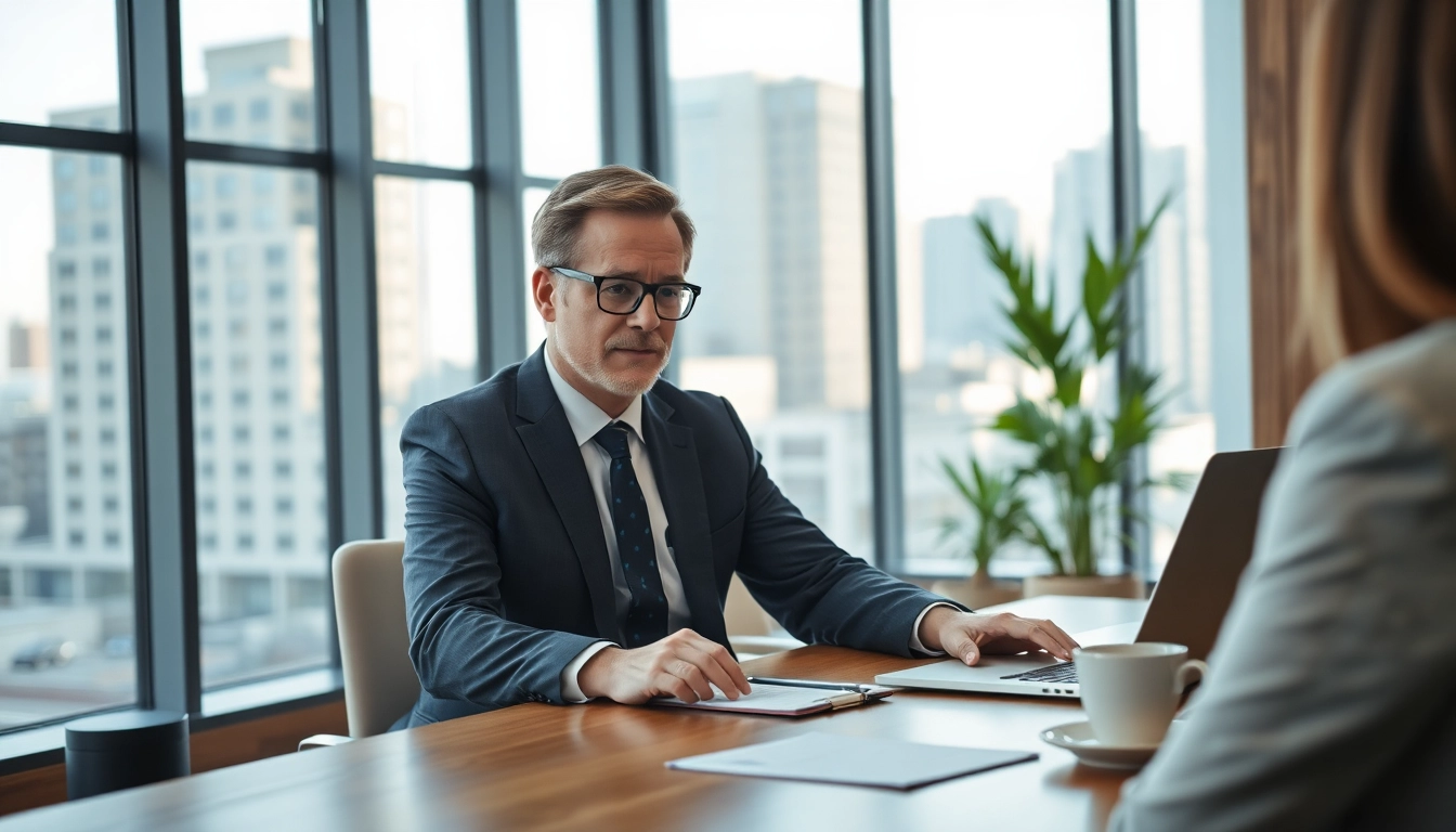 Ein Headhunter Geschäftsführer führt ein Interview in einem modernen Büro, um talentierte Führungskräfte zu finden.