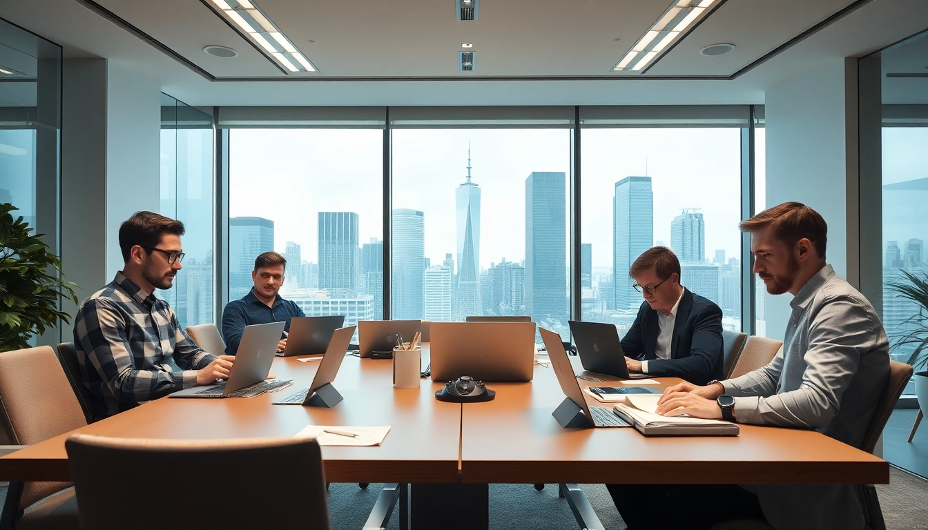 Headhunter Sales Team in einem modernen Büro, strategische Sitzung mit Laptops und Notizen.