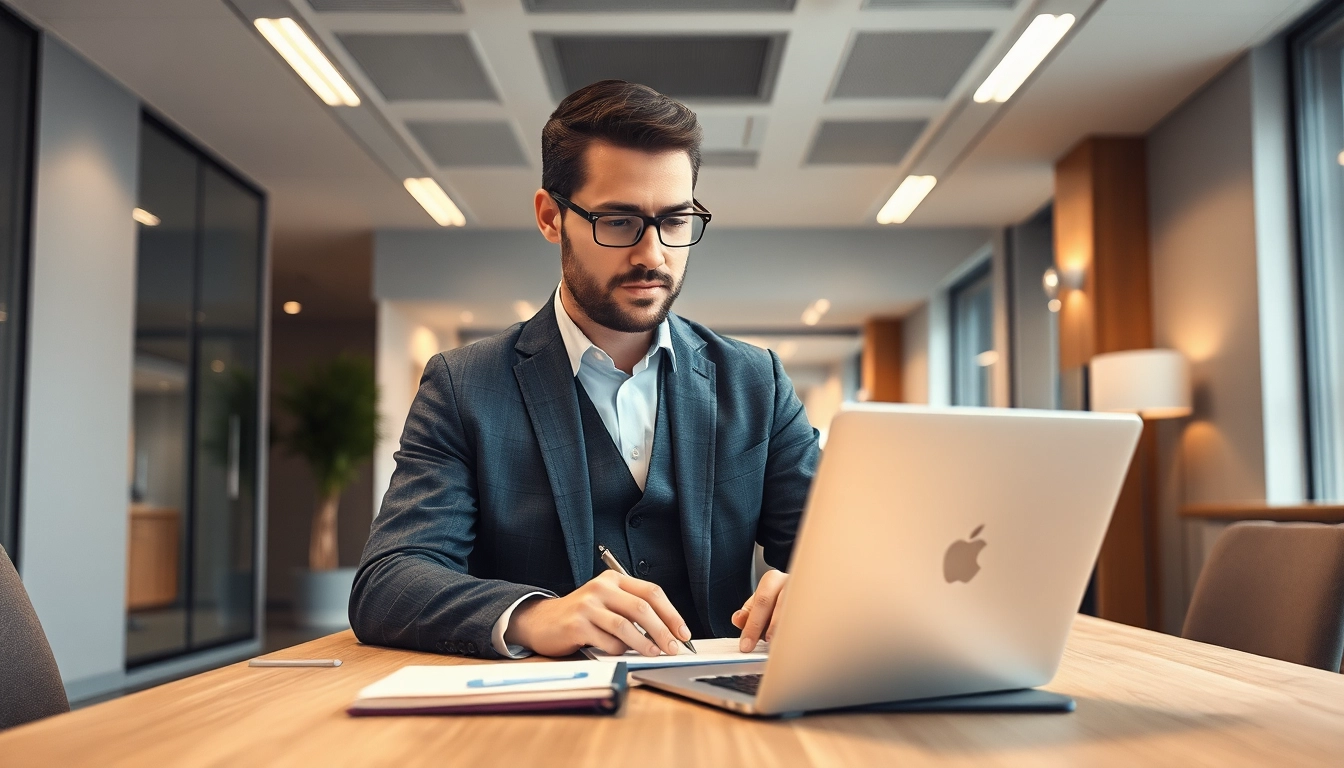 Ein Headhunter Köln arbeitet konzentriert an seinem Laptop in einem modernen Büro.