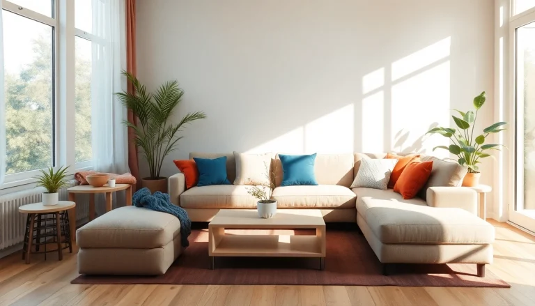 Gestalte ein einladendes Wohnzimmer mit harmonischer Raumgestaltung und natürlichen Elementen.