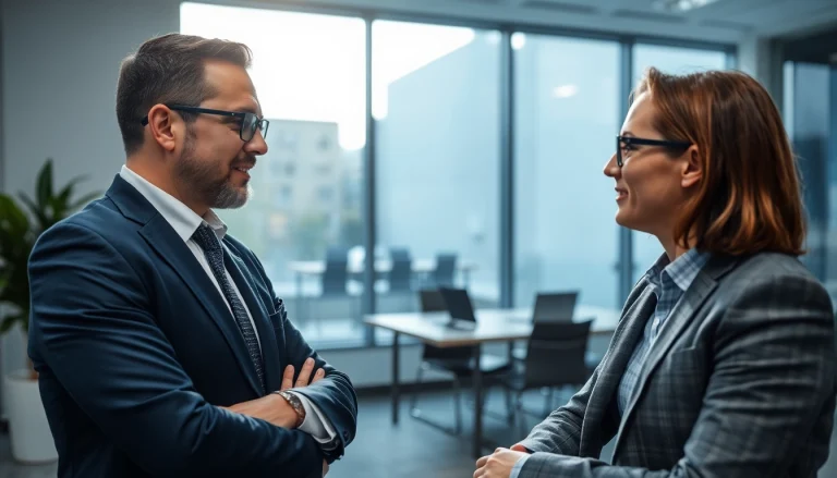 Headhunter Wolfsburg führt ein Vorstellungsgespräch mit einem Bewerber in einem modernen Büro.