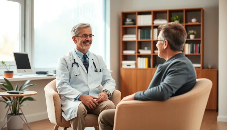 Der Arzt gibt einem Patienten ärztlichen Rat in einem einladenden Sprechzimmer.