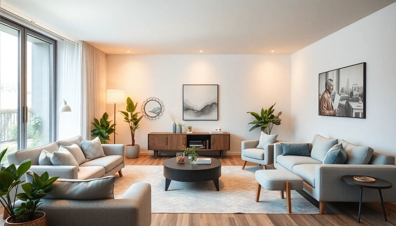 Erlebnis der Raumgestaltung mit modernen Möbeln und sanften Farbnuancen im Wohnzimmer.