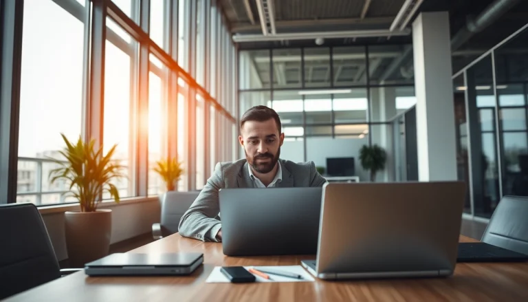 Headhunter IT prüft Bewerbungen auf einem Laptop in modernem Büro.