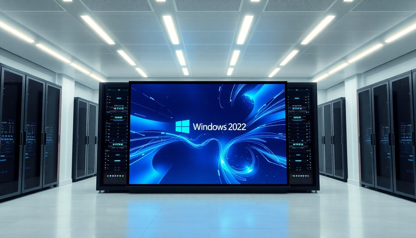 Visualisieren Sie den Windows Server 2022 ISO Download deutsch in einem modernen Serverraum, inklusive hochmoderner Technologien.