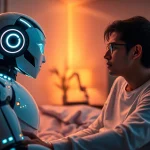Engaging scene of an AI sex bot interacting with a user in a cozy, futuristic setting.