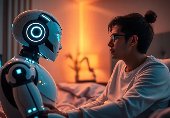 Engaging scene of an AI sex bot interacting with a user in a cozy, futuristic setting.