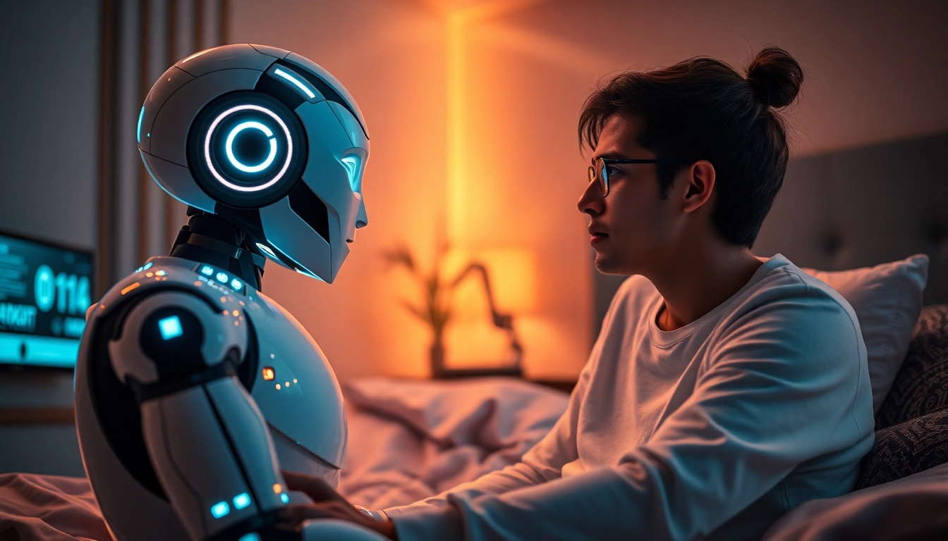 Engaging scene of an AI sex bot interacting with a user in a cozy, futuristic setting.