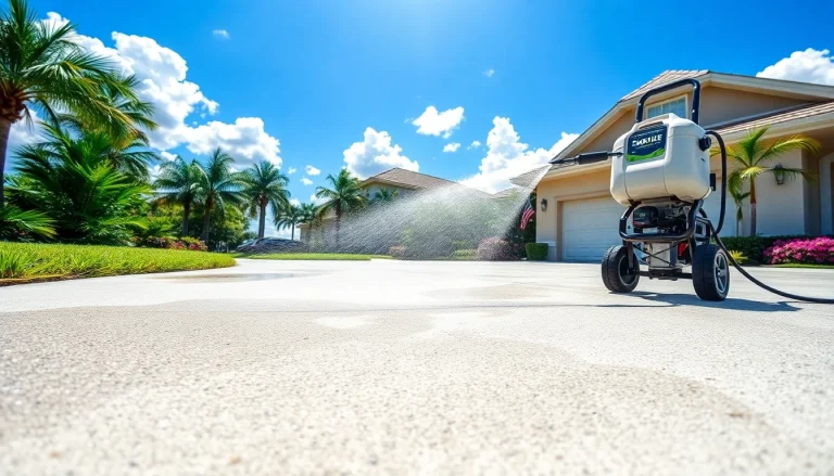 Driveway pressure wash in Kissimmee, showcasing a cleaner restoring a concrete surface to its original shine.