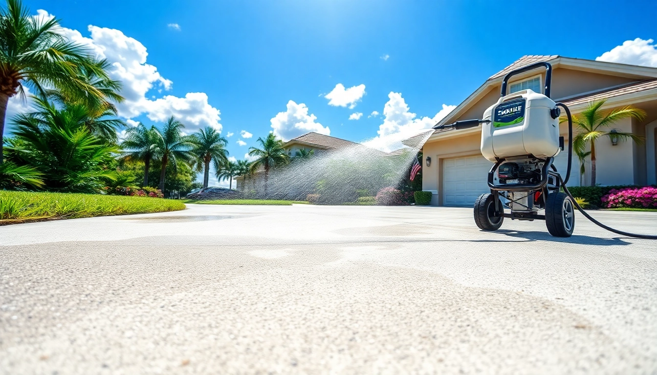 Driveway pressure wash in Kissimmee, showcasing a cleaner restoring a concrete surface to its original shine.