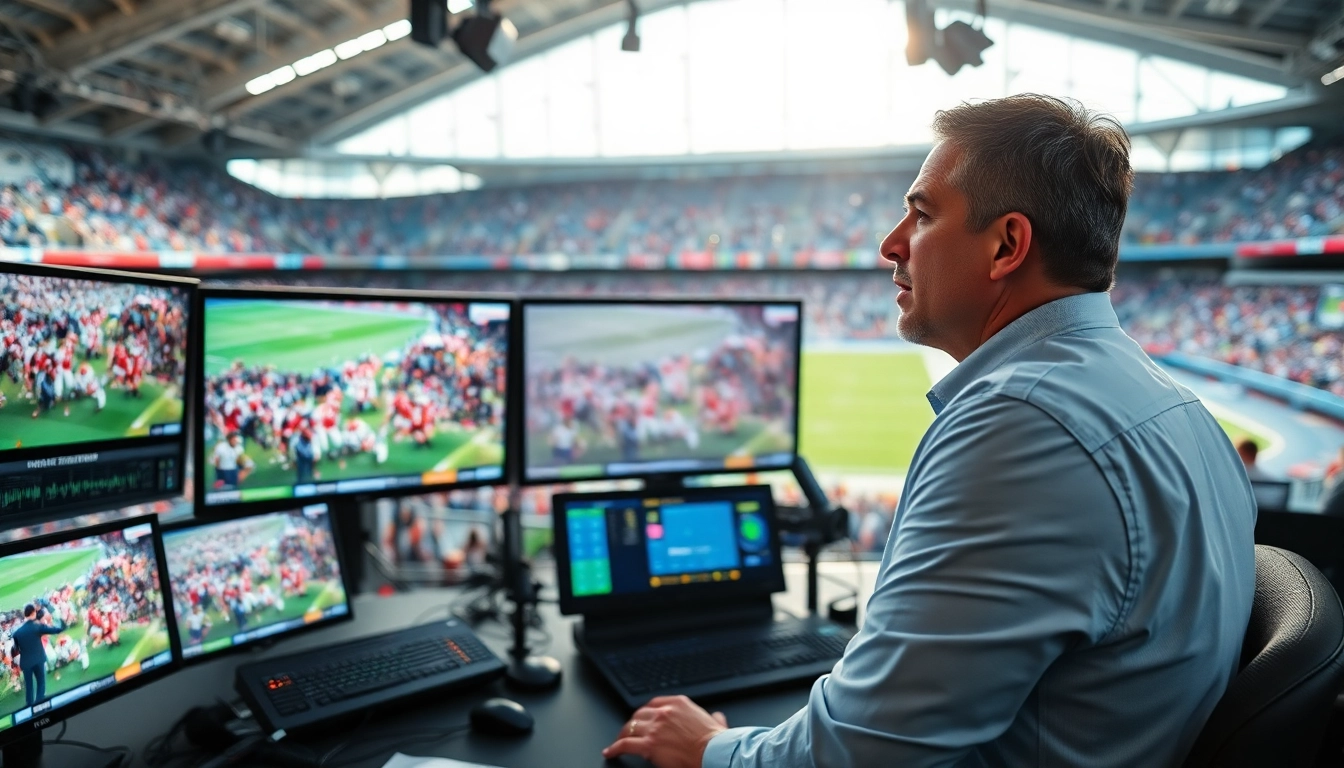 Engaging sports broadcasting analysis featuring a commentator in a modern broadcasting studio.
