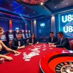 Players enjoying a thrilling game at U 888 casino featuring stylish poker tables and vibrant slot machines.