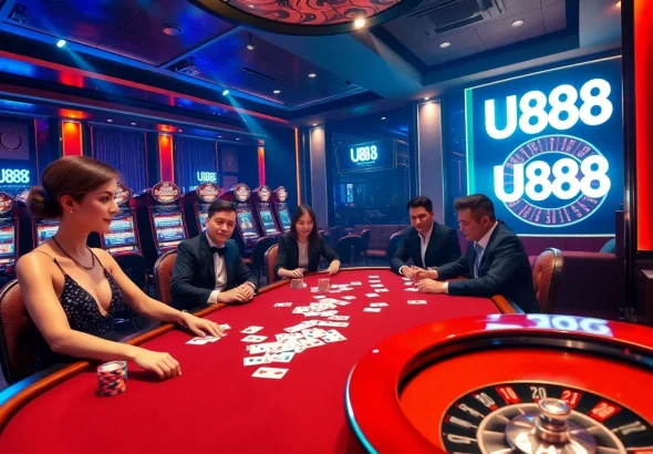 Players enjoying a thrilling game at U 888 casino featuring stylish poker tables and vibrant slot machines.