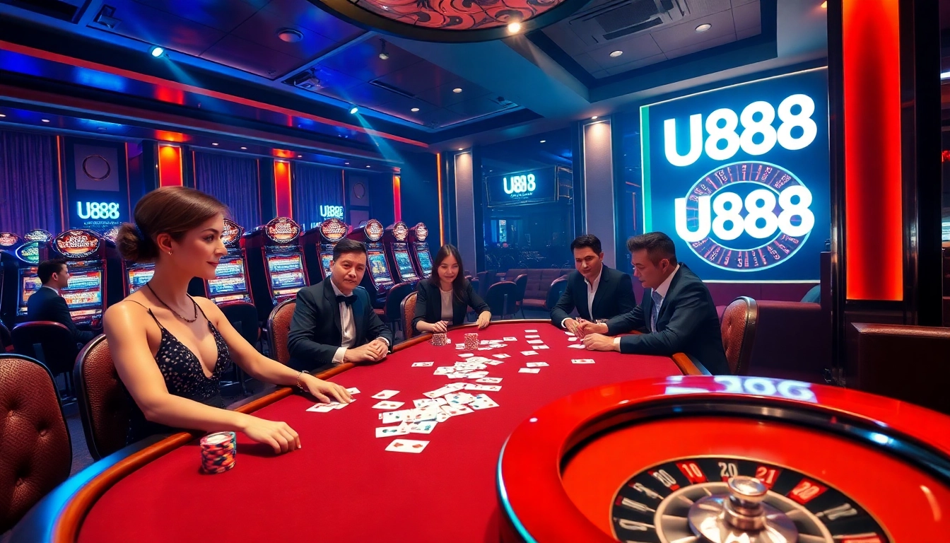 Players enjoying a thrilling game at U 888 casino featuring stylish poker tables and vibrant slot machines.