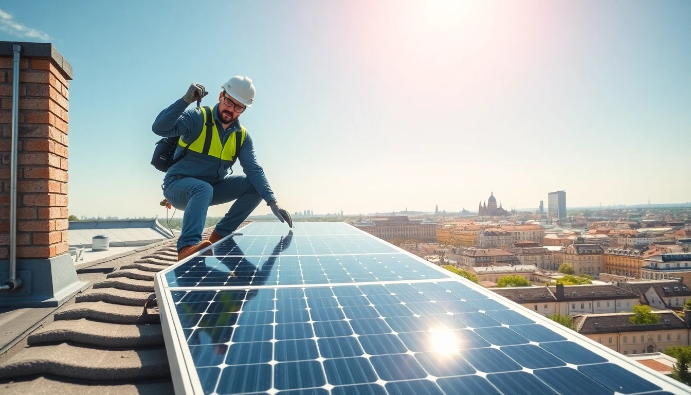 Photovoltaikanlage Kaufen Wien - Installateur montiert Solarpaneele auf Wiener Dach.