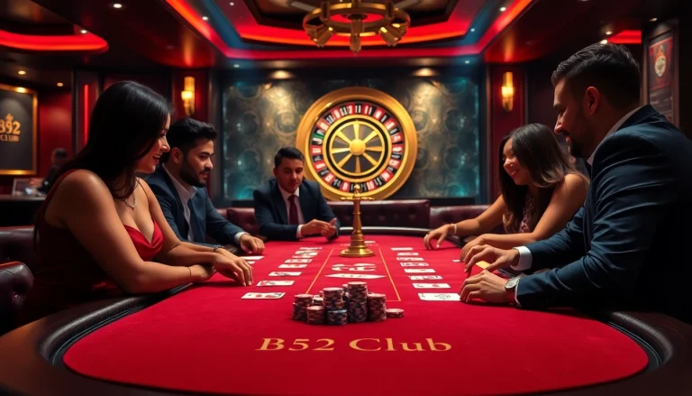 Players enjoying a thrilling game at the B52 Club casino table, surrounded by vibrant poker chips.