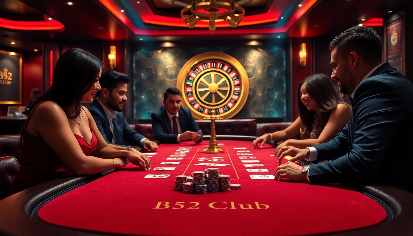 Players enjoying a thrilling game at the B52 Club casino table, surrounded by vibrant poker chips.
