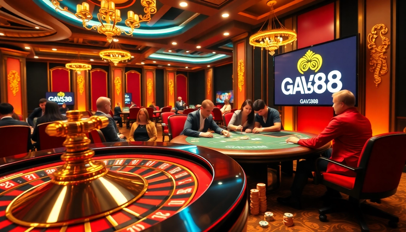 Engaged players strategizing their bets at GASV388 casino tables, surrounded by vibrant gaming elements.