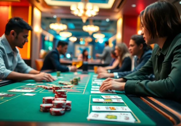Online casino játékosok élvezik a kártyajátékokat egy modern asztalnál.