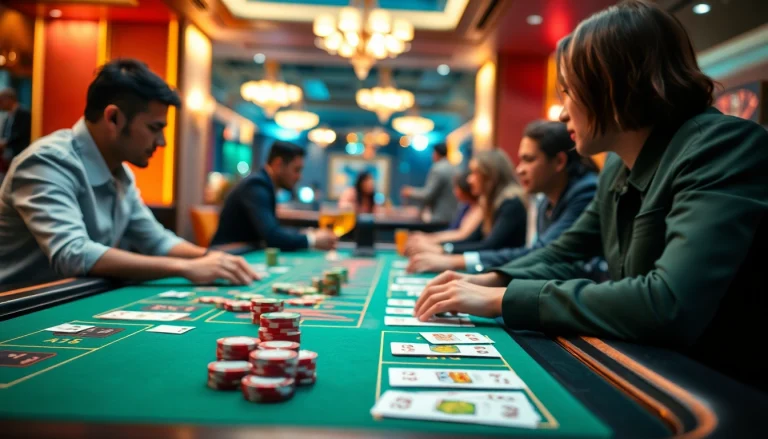 Online casino játékosok élvezik a kártyajátékokat egy modern asztalnál.