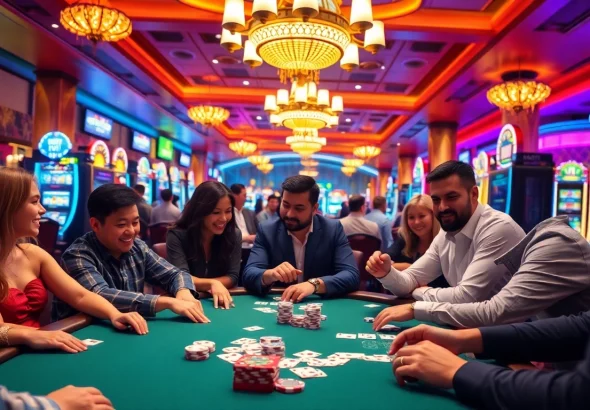 Az online casino izgalma egy pókertáblánál, ahol a játékosok élvezik a játékot.