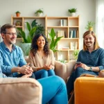 Engaging discussion on emotional wellbeing in a serene office setting with diverse individuals.