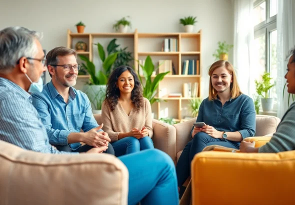 Engaging discussion on emotional wellbeing in a serene office setting with diverse individuals.