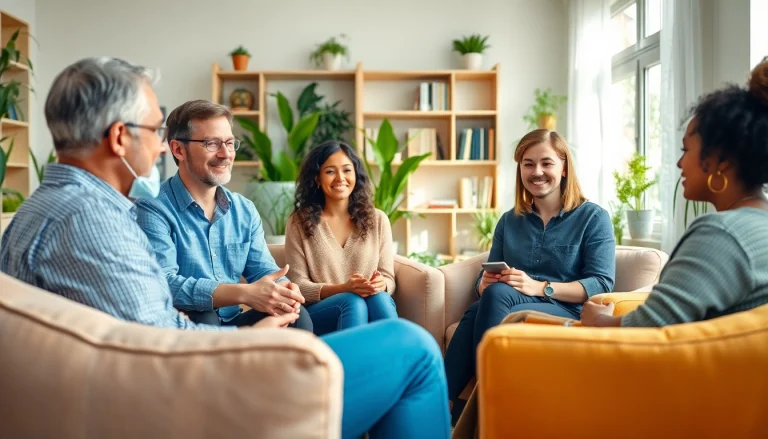 Engaging discussion on emotional wellbeing in a serene office setting with diverse individuals.