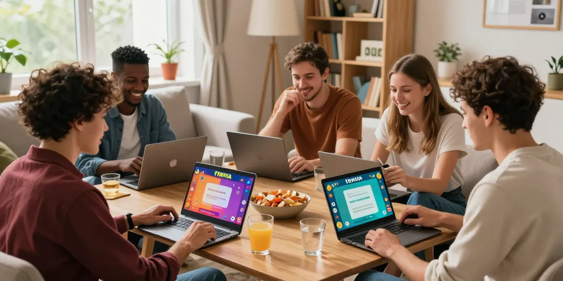 Friends enjoying an online trivia game showcasing Quiz Allgemeinwissen in a cozy living room setting with snacks and colorful screens.