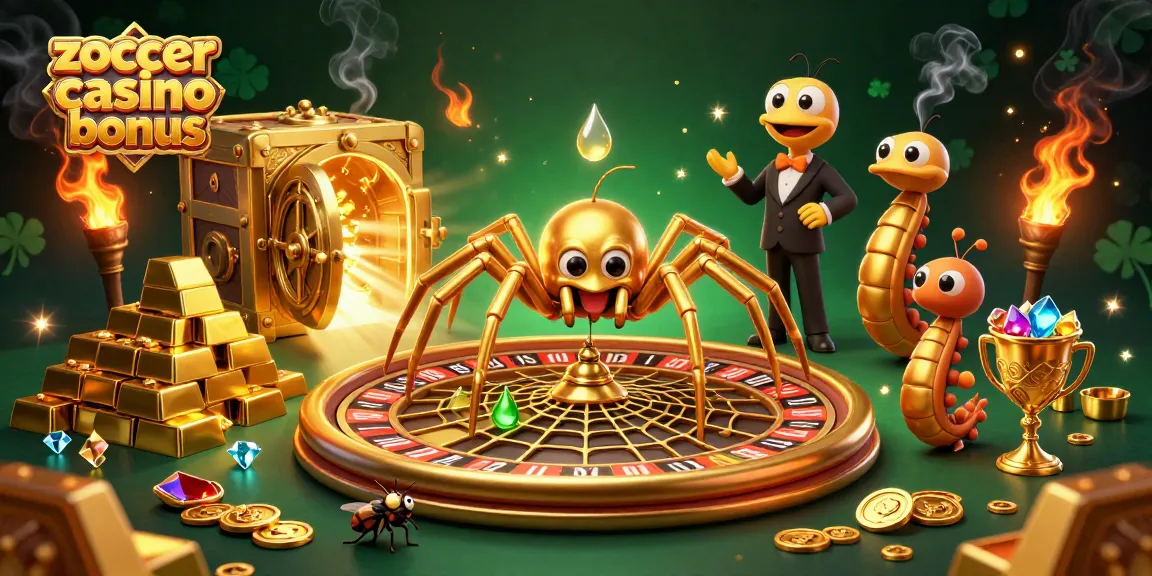 Die Zoccer Casino Bonus Illustration zeigt eine Spinne, die ein Roulette-Spinnennetz webt und einen nervösen Fliegen-Spieler mit Gold und Edelsteinen umgibt.