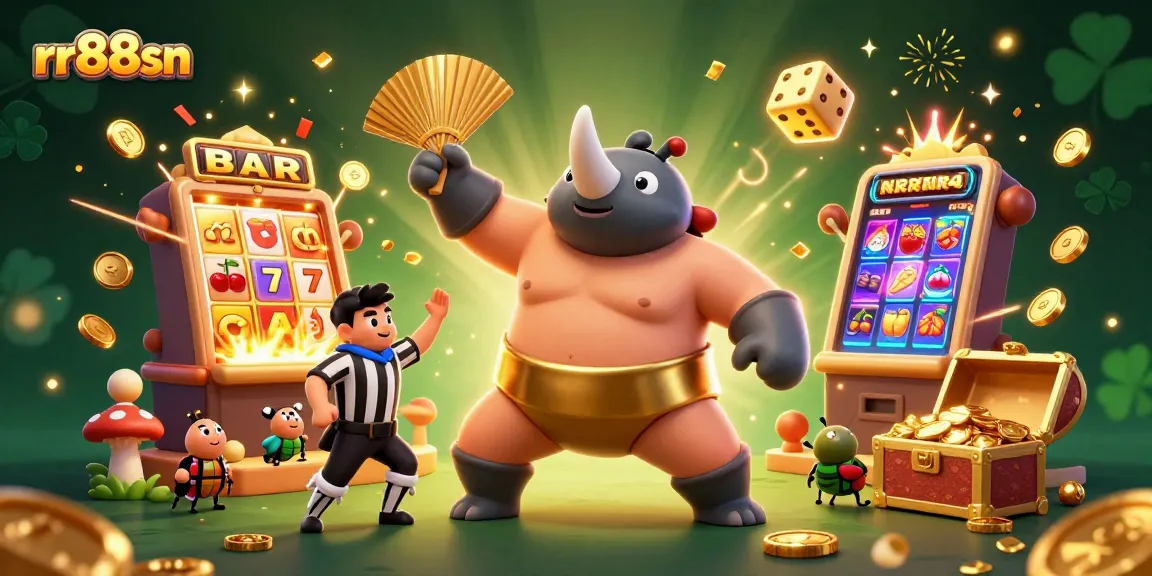 Experience winning at rr88sn with a sumo champion beetle amidst a jackpot display and golden coins.