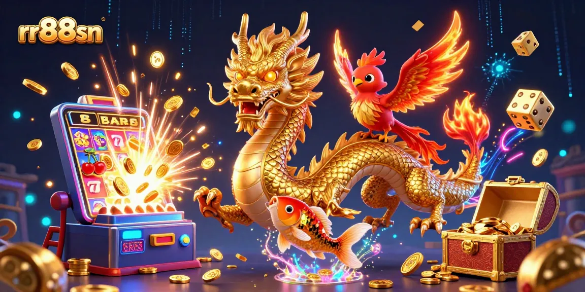 Experience the thrill of rr88sn with a dynamic casino scene featuring dragons, jackpots, and vibrant colors.