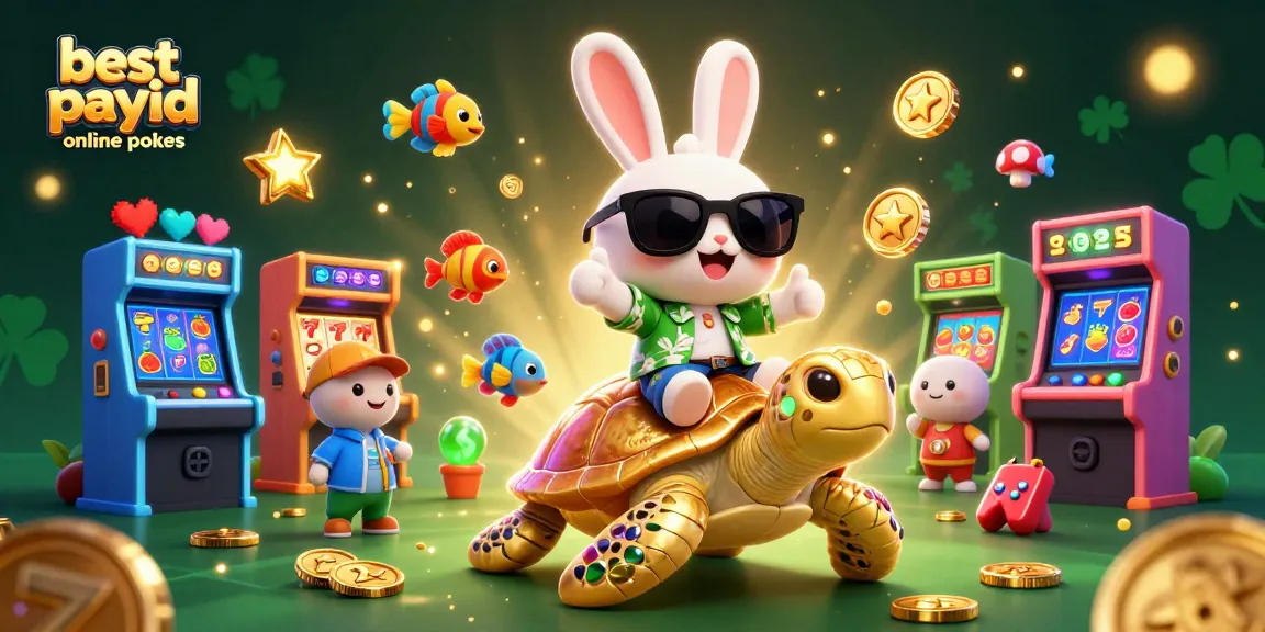 Engage with the best payid online pokies featuring a lucky rabbit and golden turtle amidst casino-themed elements.