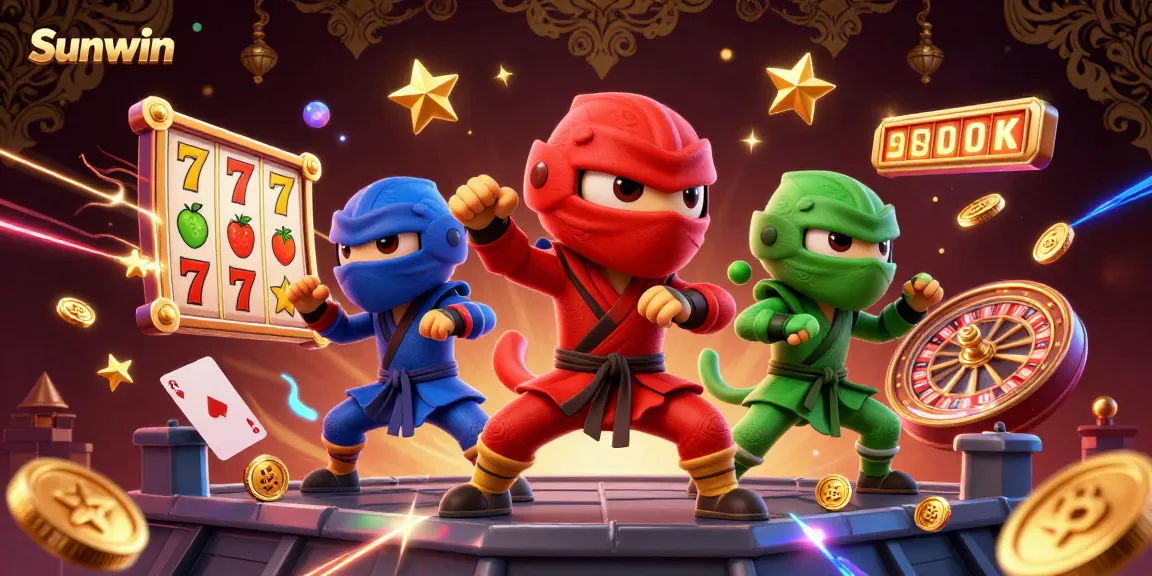 Experience thrilling casino action with Sunwin featuring ninja chameleons amidst spinning slot reels and golden casino elements.