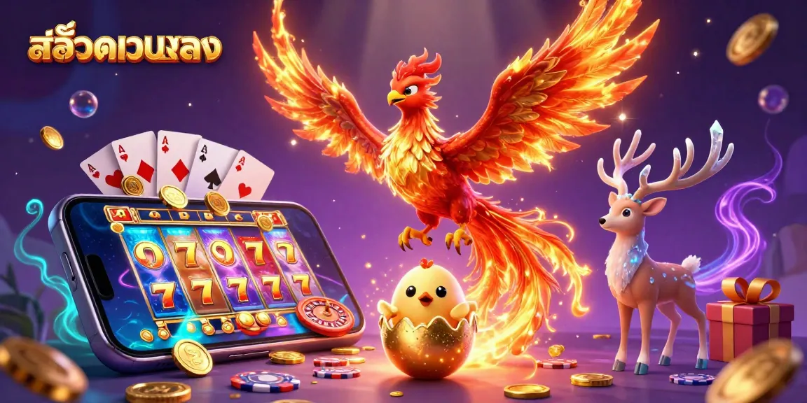 Experience excitement with สล็อตเว็บตรง as a vibrant phoenix soars above colorful slot game elements and sparkling coins.