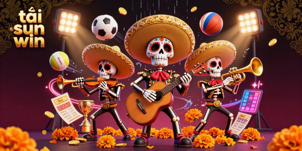 Betting on the vibrant 3D scene of tải sun win, featuring dynamic sports elements and a mariachi band.